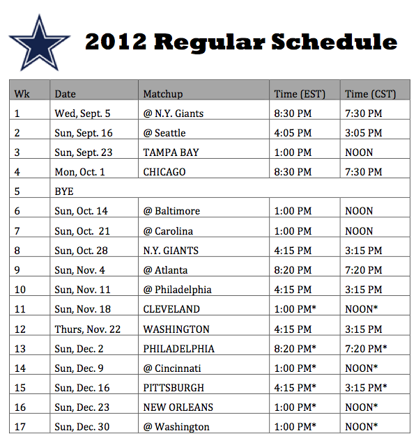Dallas Cowboys Schedule 2012
